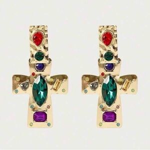 Gold Multicolor Gemstone Cross Earrings